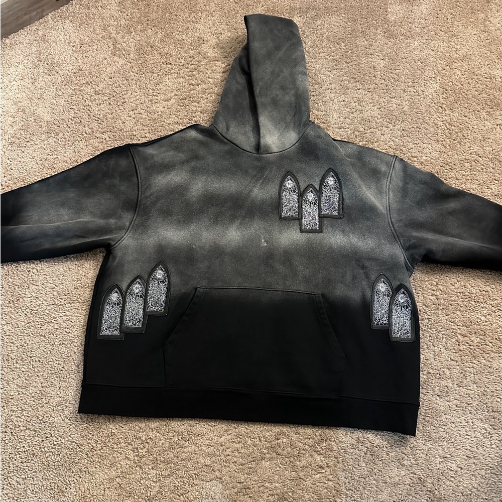 Gray and Black Hoodie with Gothic Window Design